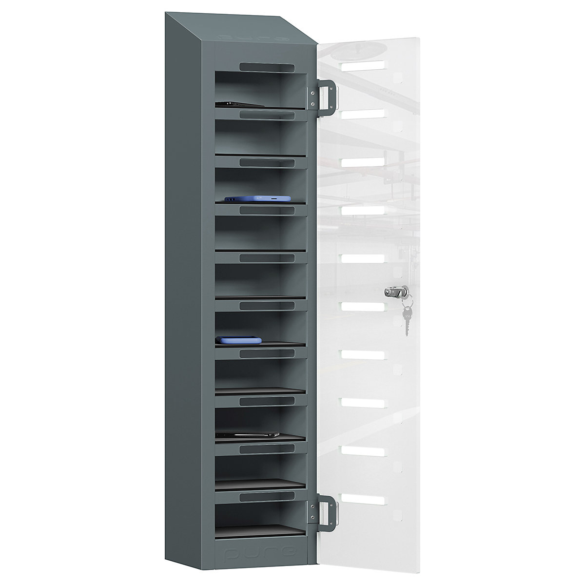 Pure PhoneSafe+ Mobile Phone Lockers, Pure PhoneSafe+ Mobile Phone Lockers, Pure PhoneSafe+ Mobile Phone Lockers | Single Door - Ten Compartment | Storage Only | 1060h x 250w x 190d mm | Cam Lock | Slate Grey-5
