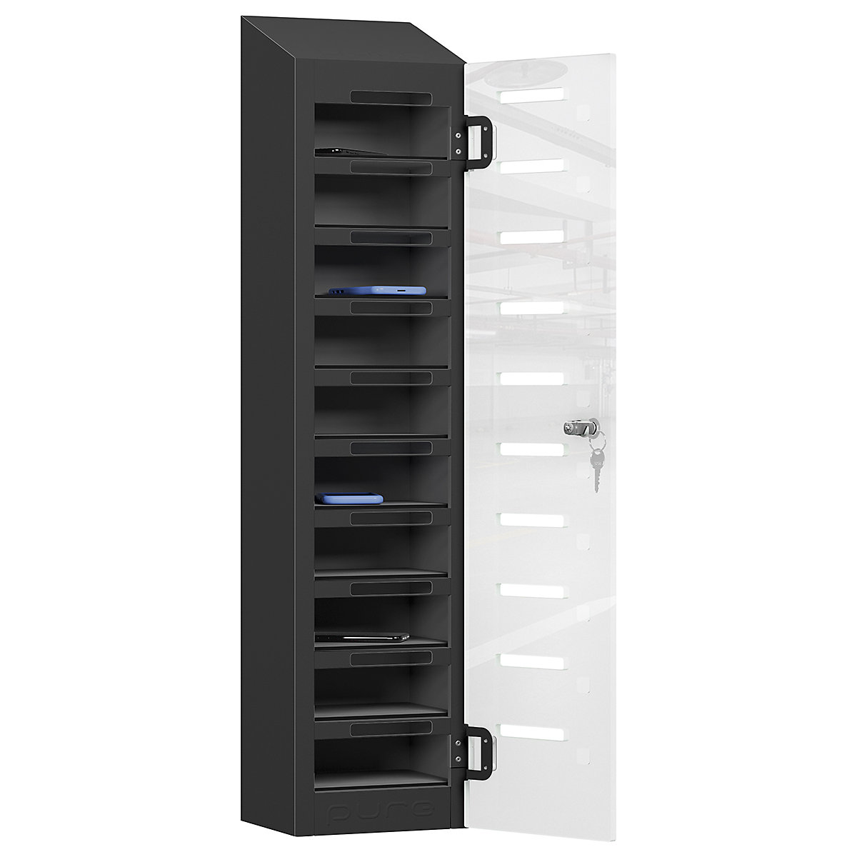 Pure PhoneSafe+ Mobile Phone Lockers, Pure PhoneSafe+ Mobile Phone Lockers, Pure PhoneSafe+ Mobile Phone Lockers | Single Door - Ten Compartment | Storage Only | 1060h x 250w x 190d mm | Cam Lock | Cornflower Blue-13