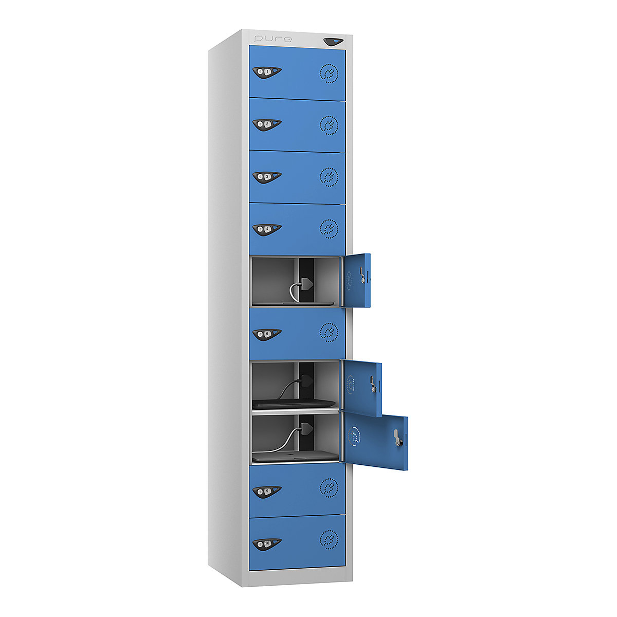 Pure Power Laptop Charging Lockers | 1800h mm, Pure Power Laptop Charging Lockers | 1800h mm, Pure Power Laptop Charging Locker | 10 Door | Standard UK 3-Pin Plug | 1800h x 380w x 450d mm | Cam Lock | Cobalt Blue Door-7