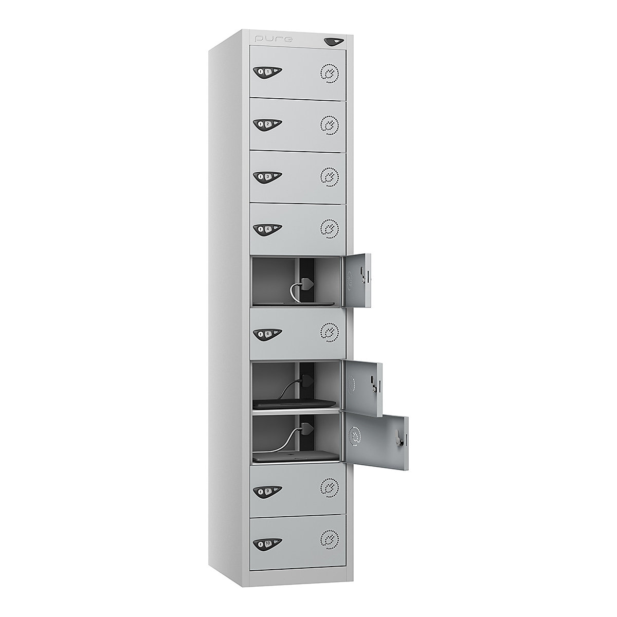 Pure Power Laptop Charging Lockers | 1800h mm, Pure Power Laptop Charging Lockers | 1800h mm, Pure Power Laptop Charging Locker | 10 Door | Standard UK 3-Pin Plug | 1800h x 380w x 450d mm | Cam Lock | Pearl Silver Door-2