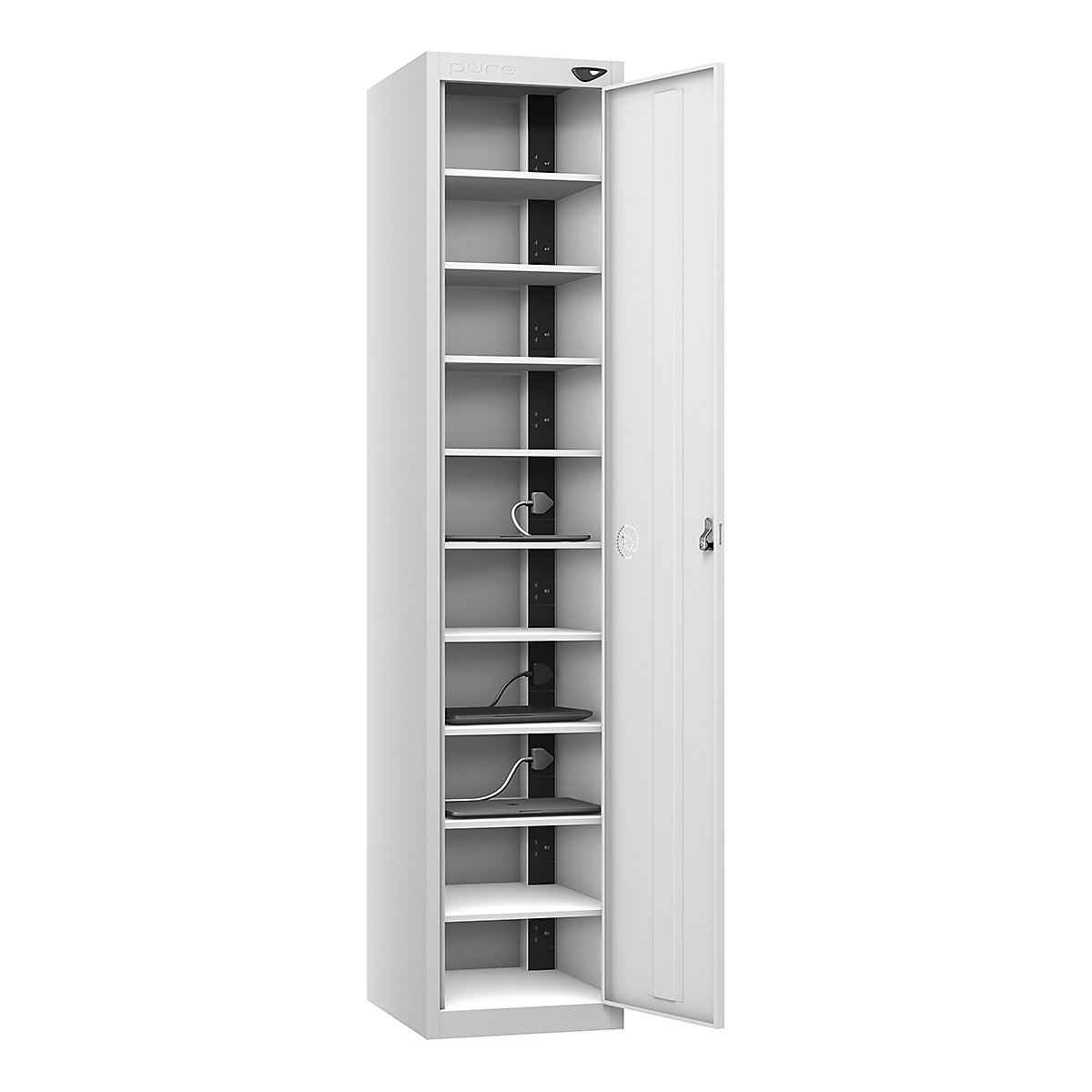 Pure Power Laptop Charging Lockers | 1800h mm, Pure Power Laptop Charging Lockers | 1800h mm, Pure Power Laptop Charging Locker | 10 Compartment | Dual USBa & USBc Port | 1800h x 380w x 450d mm | Cam Lock | Arctic White Door-6