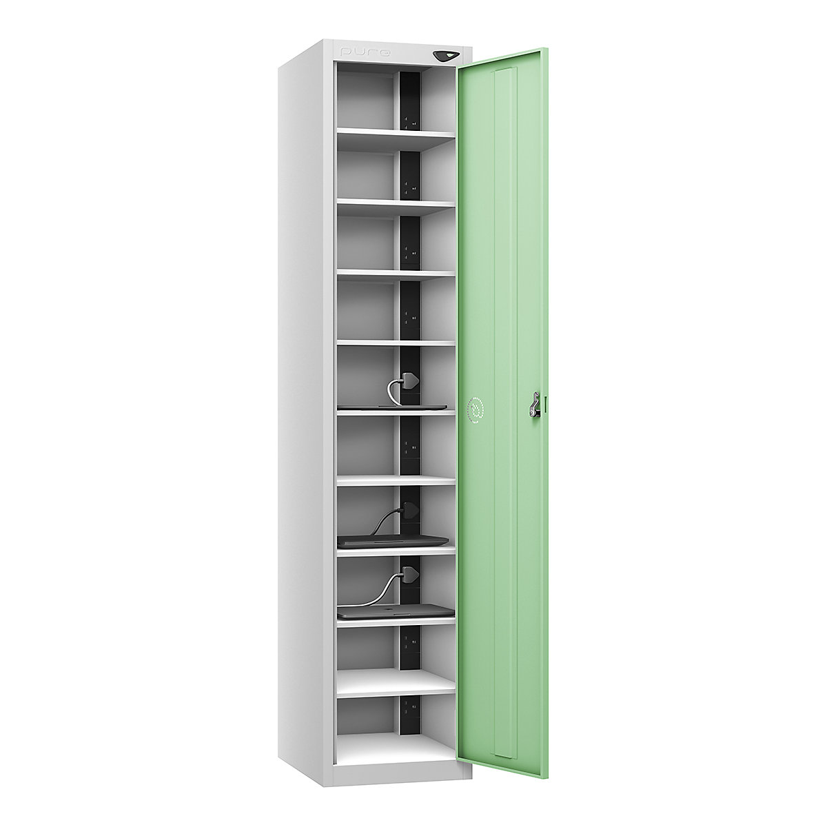 Pure Power Laptop Charging Lockers | 1800h mm, Pure Power Laptop Charging Lockers | 1800h mm, Pure Power Laptop Storage Locker | 10 Compartment | Storage Only | 1800h x 380w x 450d mm | Mechanical Combination Lock | Mint Green Door-5