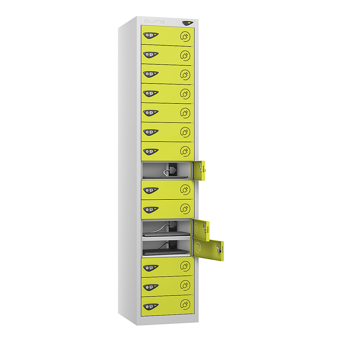 Pure Power Laptop Charging Lockers | 1800h mm, Pure Power Laptop Charging Lockers | 1800h mm, Pure Power Laptop Charging Locker | 15 Door | Dual USBa & USBc Port | 1800h x 380w x 450d mm | Mechanical Combination Lock | Lime Light Door-9