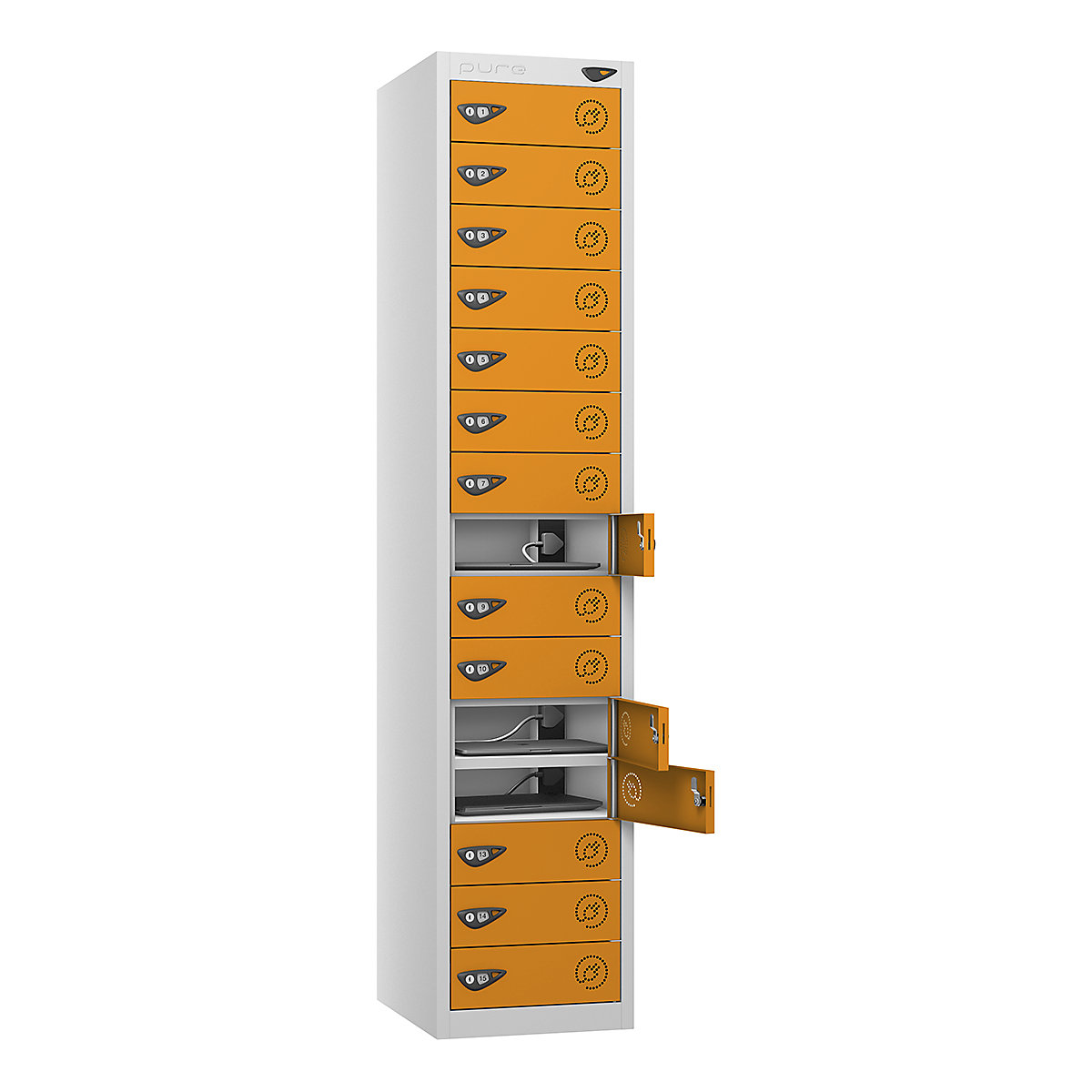 Pure Power Laptop Charging Lockers | 1800h mm, Pure Power Laptop Charging Lockers | 1800h mm, Pure Power Laptop Storage Locker | 15 Door | Storage Only | 1800h x 380w x 450d mm | Cam Lock | Magma Orange Door-4