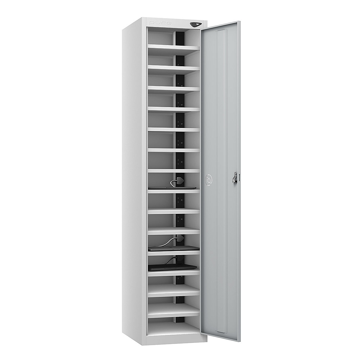 Pure Power Laptop Charging Lockers | 1800h mm, Pure Power Laptop Charging Lockers | 1800h mm, Pure Power Laptop Charging Locker | 15 Compartment | Dual USBa & USBc Port | 1800h x 380w x 450d mm | Cam Lock | Pearl Silver Door-8