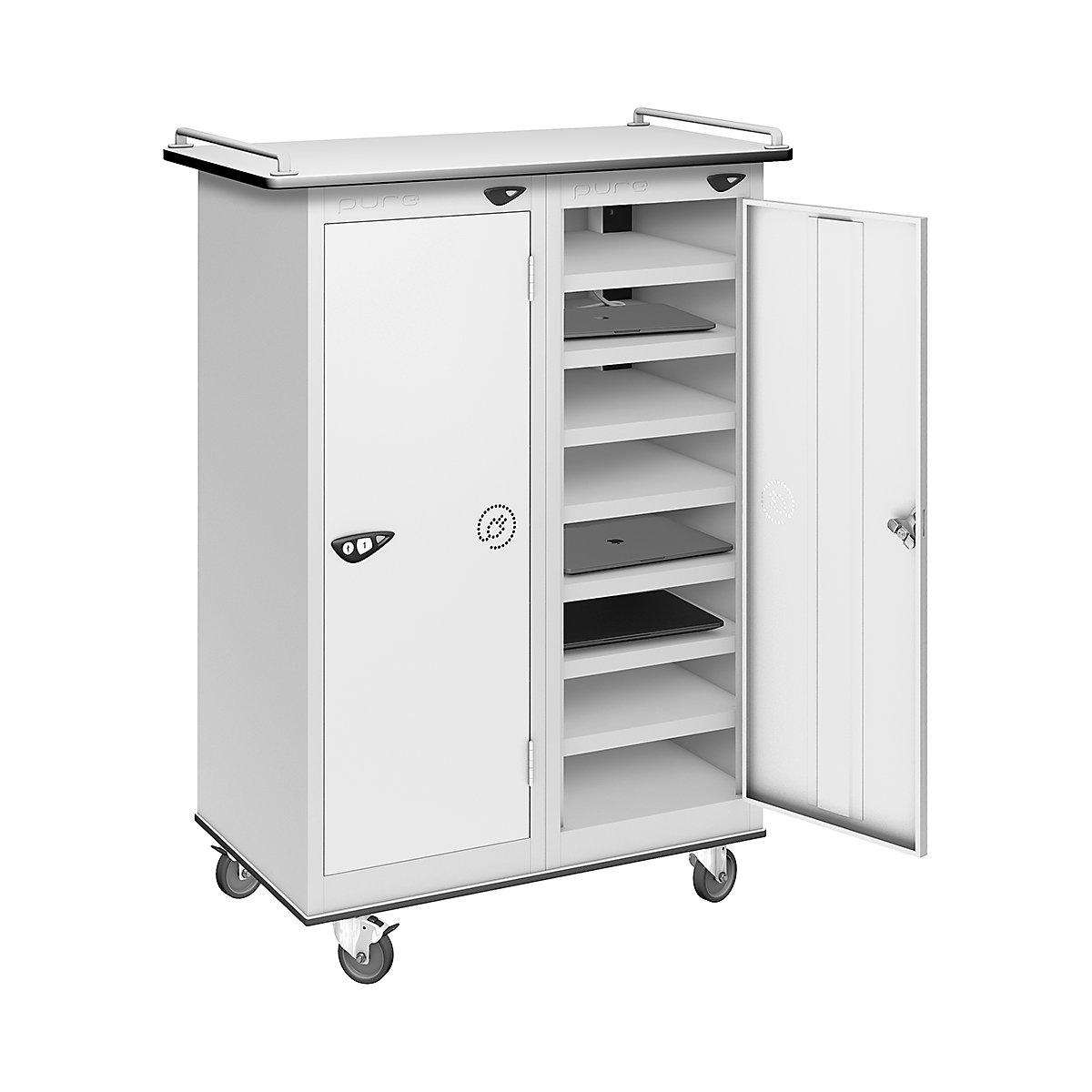 Pure Power Laptop Charging Trolleys, Pure Power Laptop Charging Trolleys, Pure Power Low Laptop Charging Trolley | 16 Compartment | Dual USBa & USBc Port | 1000h x 760w x 450d mm | Mechanical Combination Lock | Arctic White Door-5