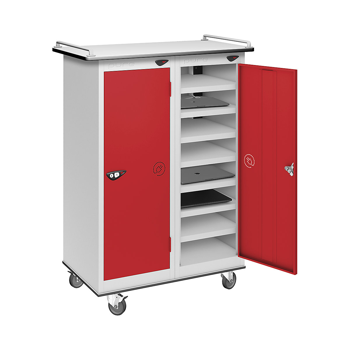 Pure Power Laptop Charging Trolleys, Pure Power Laptop Charging Trolleys, Pure Power Low Laptop Storage Trolley | 16 Compartment | Storage Only | 1000h x 760w x 450d mm | Mechanical Combination Lock | Flame Red Door-2