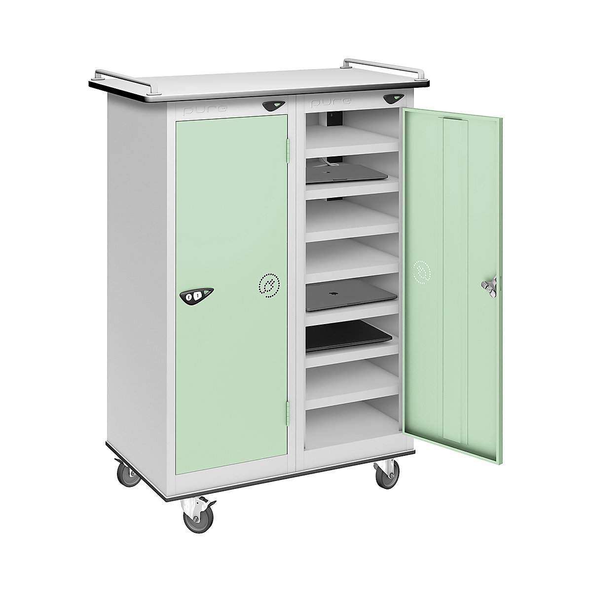 Pure Power Laptop Charging Trolleys, Pure Power Laptop Charging Trolleys, Pure Power Low Laptop Charging Trolley | 16 Compartment | Standard UK 3-Pin Plug | 1000h x 760w x 450d mm | Cam Lock | Mint Green Door-7