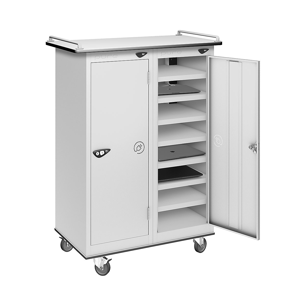 Pure Power Laptop Charging Trolleys, Pure Power Laptop Charging Trolleys, Pure Power Low Laptop Charging Trolley | 16 Compartment | Standard UK 3-Pin Plug | 1000h x 760w x 450d mm | Mechanical Combination Lock | Pearl Silver Door-4
