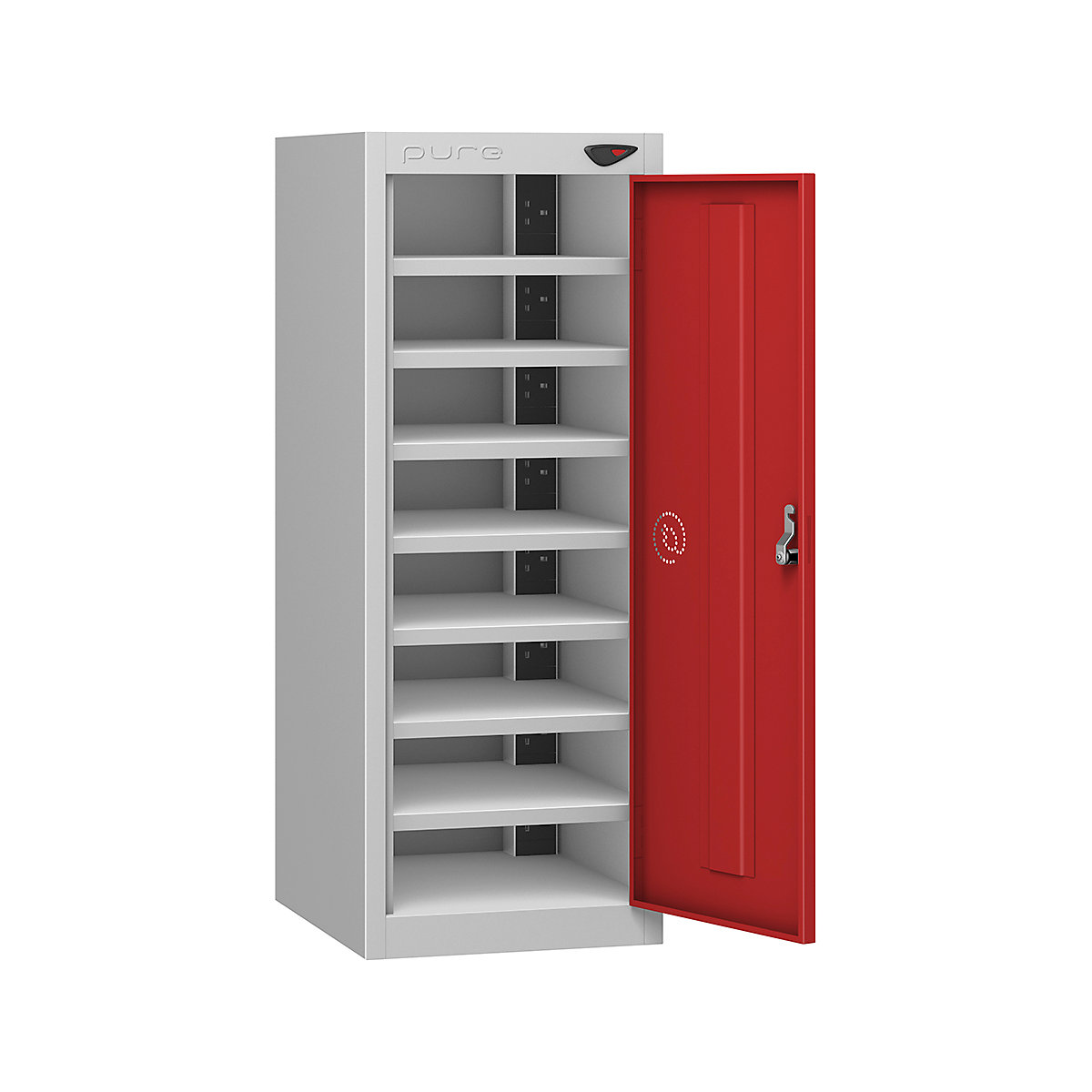 Pure Power Low Laptop Charging Lockers | 1000h mm, Pure Power Low Laptop Charging Lockers | 1000h mm, Pure Power Low Laptop Charging Locker | 8 Compartment | Standard UK 3-Pin Plug | 1000h x 380w x 450d mm | Cam Lock | Flame Red Door-1
