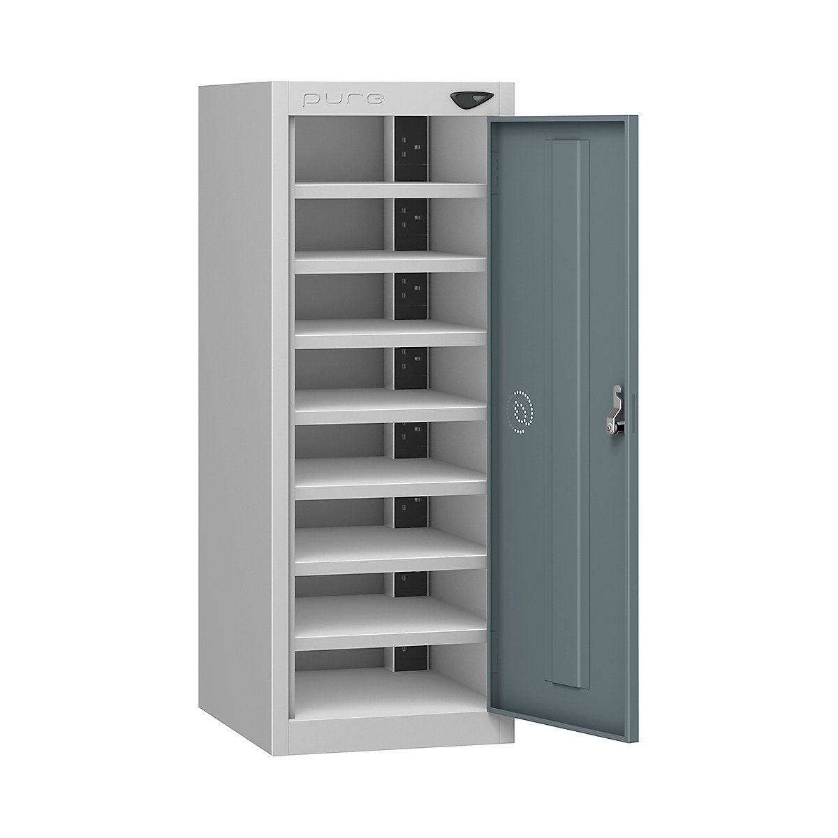 Pure Power Low Laptop Charging Lockers | 1000h mm, Pure Power Low Laptop Charging Lockers | 1000h mm, Pure Power Low Laptop Charging Locker | 8 Compartment | Standard UK 3-Pin Plug | 1000h x 380w x 450d mm | Cam Lock | Slate Grey Door-2