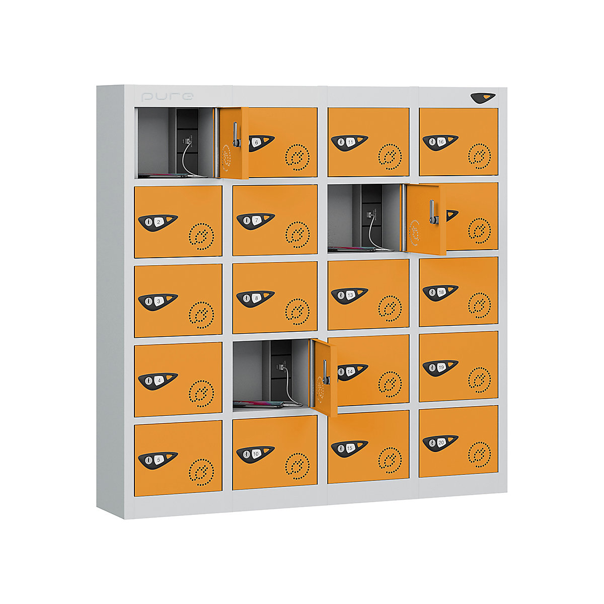 Pure Power Mobile Phone Charging Lockers, Pure Power Mobile Phone Charging Lockers, Pure Power Mobile Phone Charging Locker | 20 Door | Dual USBa & USBc Port | 1000h x 900w x 380d mm | Mechanical Combination Lock | Magma Orange Door-3