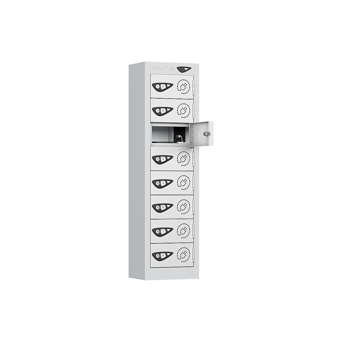 Pure Power Mobile Phone Charging Lockers, Pure Power Mobile Phone Charging Lockers, Pure Power Mobile Phone Charging Locker | 8 Door Locker | Dual USBa & USBc Port | 1005h x 250w x 180d mm | Cam Lock | Arctic White Door-8