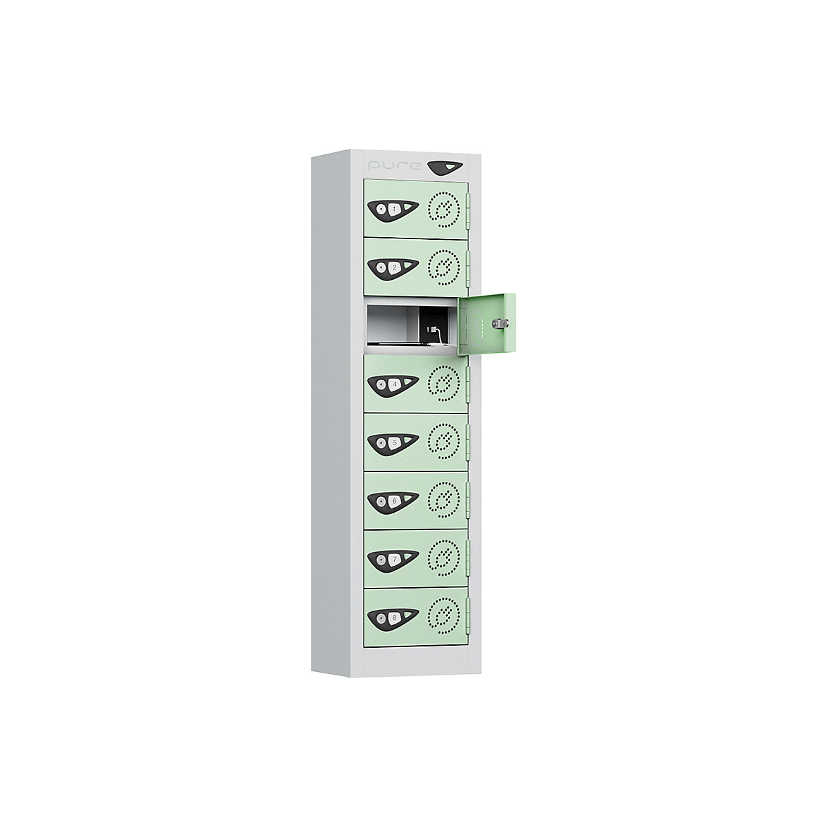 Pure Power Mobile Phone Charging Lockers, Pure Power Mobile Phone Charging Lockers, Pure Power Mobile Phone Charging Locker | 8 Door Locker | Dual USBa & USBc Port | 1005h x 250w x 180d mm | Cam Lock | Mint Green Door-5