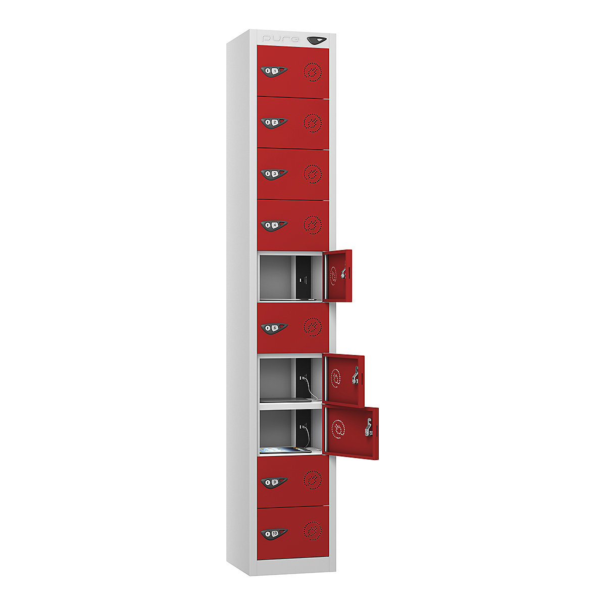 Pure Power Tablet Charging Lockers | 1800h mm, Pure Power Tablet Charging Lockers | 1800h mm, Pure Power Tablet Charging Locker | 10 Door | Standard UK 3-Pin Plug | 1800h x 300w x 300d mm | Cam Lock | Flame Red Door-4