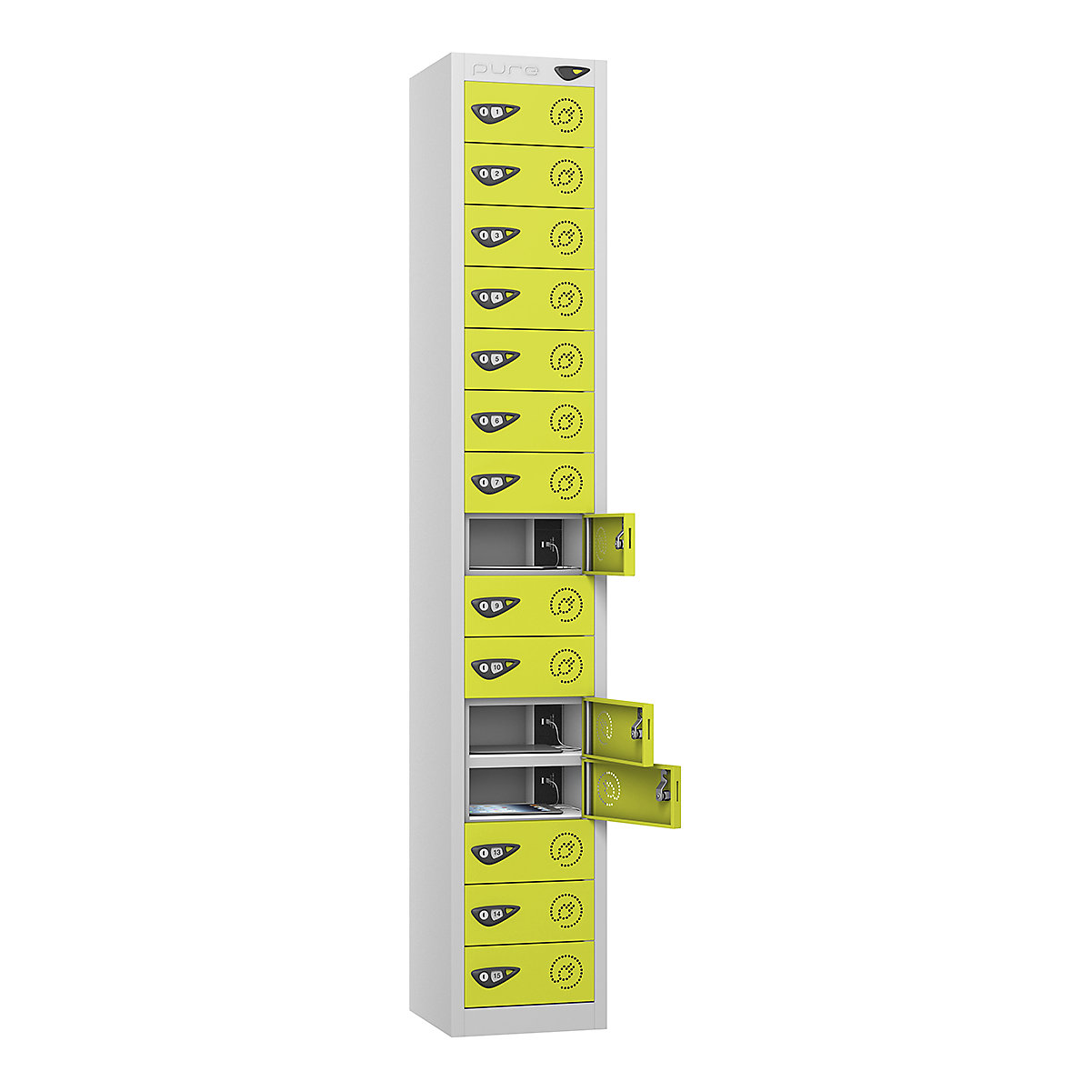 Pure Power Tablet Charging Lockers | 1800h mm, Pure Power Tablet Charging Lockers | 1800h mm, Pure Power Tablet Charging Locker | 15 Door | Dual USBa & USBc Port | 1800h x 300w x 300d mm | Cam Lock | Lime Light Door-5