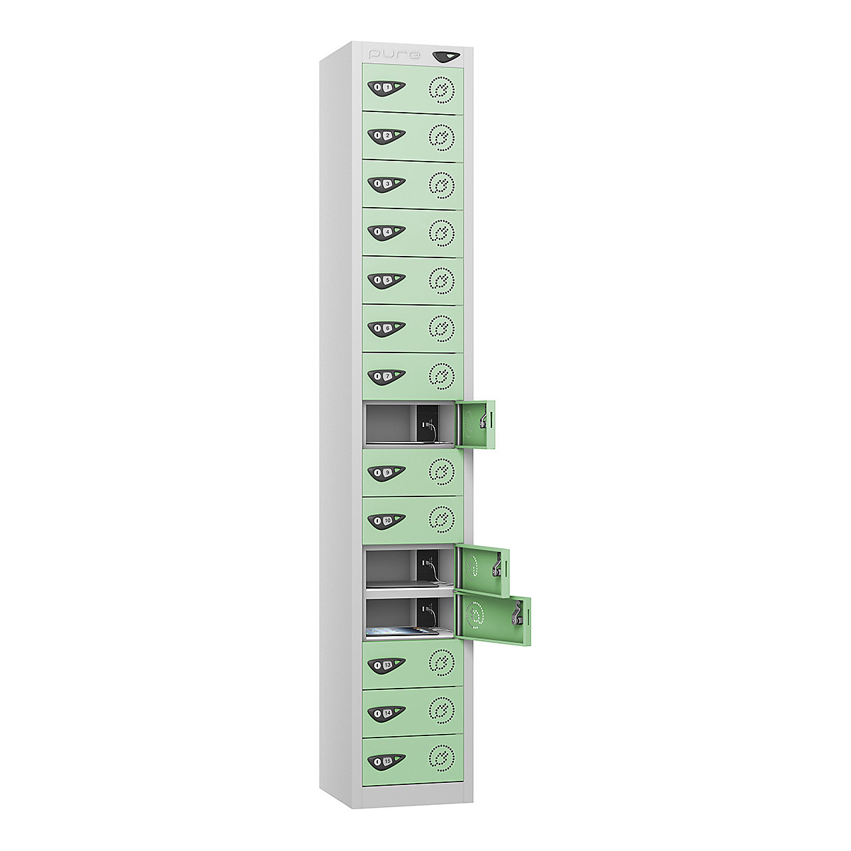 Pure Power Tablet Charging Lockers | 1800h mm, Pure Power Tablet Charging Lockers | 1800h mm, Pure Power Tablet Charging Locker | 15 Door | Standard UK 3-Pin Plug | 1800h x 300w x 300d mm | Mechanical Combination Lock | Mint Green Door-6