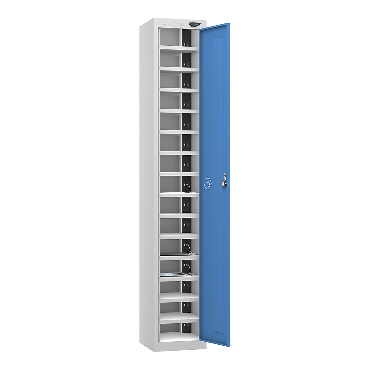 Pure Power Tablet Charging Lockers | 1800h mm, Pure Power Tablet Charging Lockers | 1800h mm, Pure Power Tablet Charging Locker | 15 Compartment | Standard UK 3-Pin Plug | 1800h x 300w x 300d mm | Cam Lock | Cobalt Blue Door-1