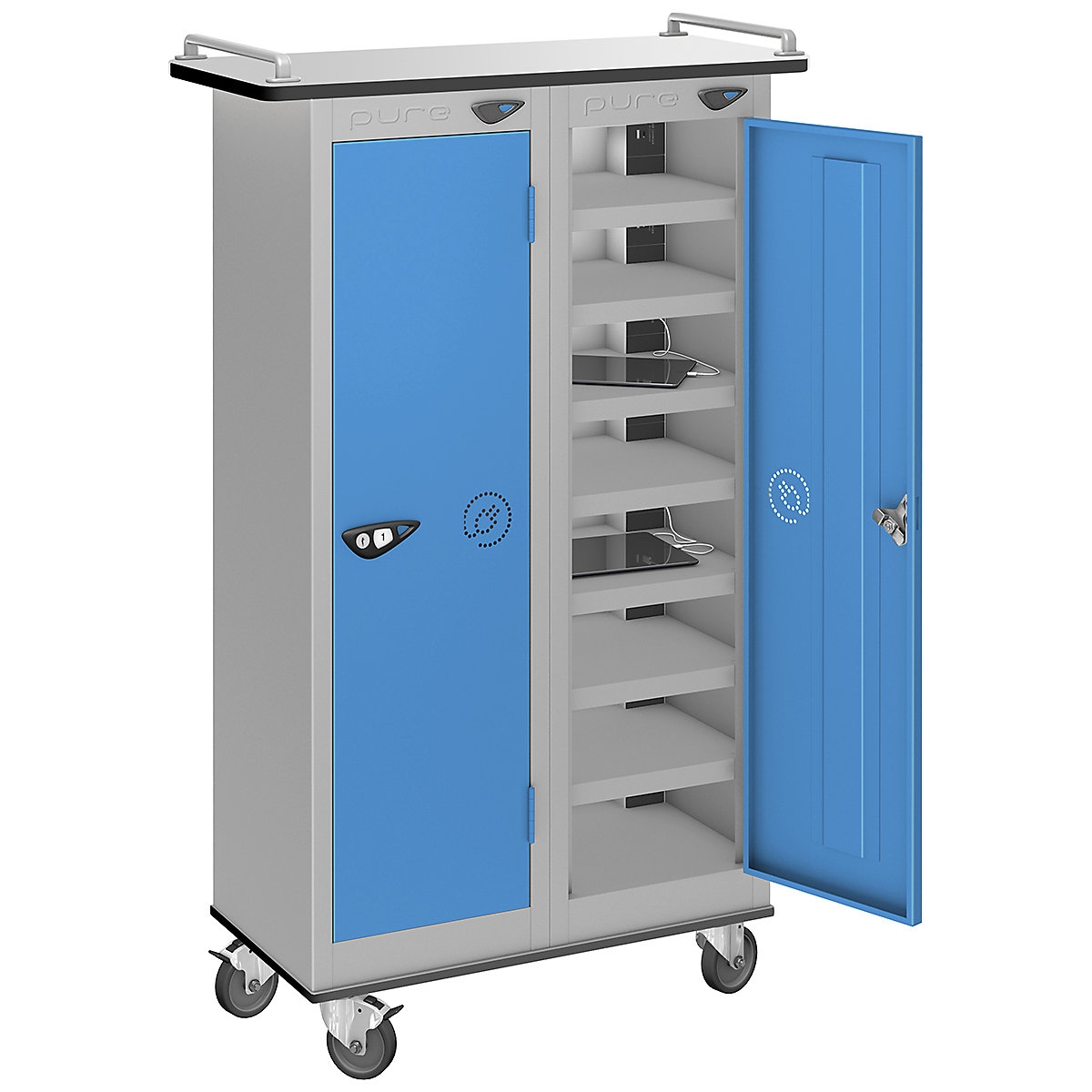 Pure Power Tablet Charging Trolleys, Pure Power Tablet Charging Trolleys, Pure Power Tablet Charging Trolley | 16 Compartment | Dual USBa & USBc Port | 1000h x 600w x 300d mm | Cam Lock | Cobalt Blue Door-2