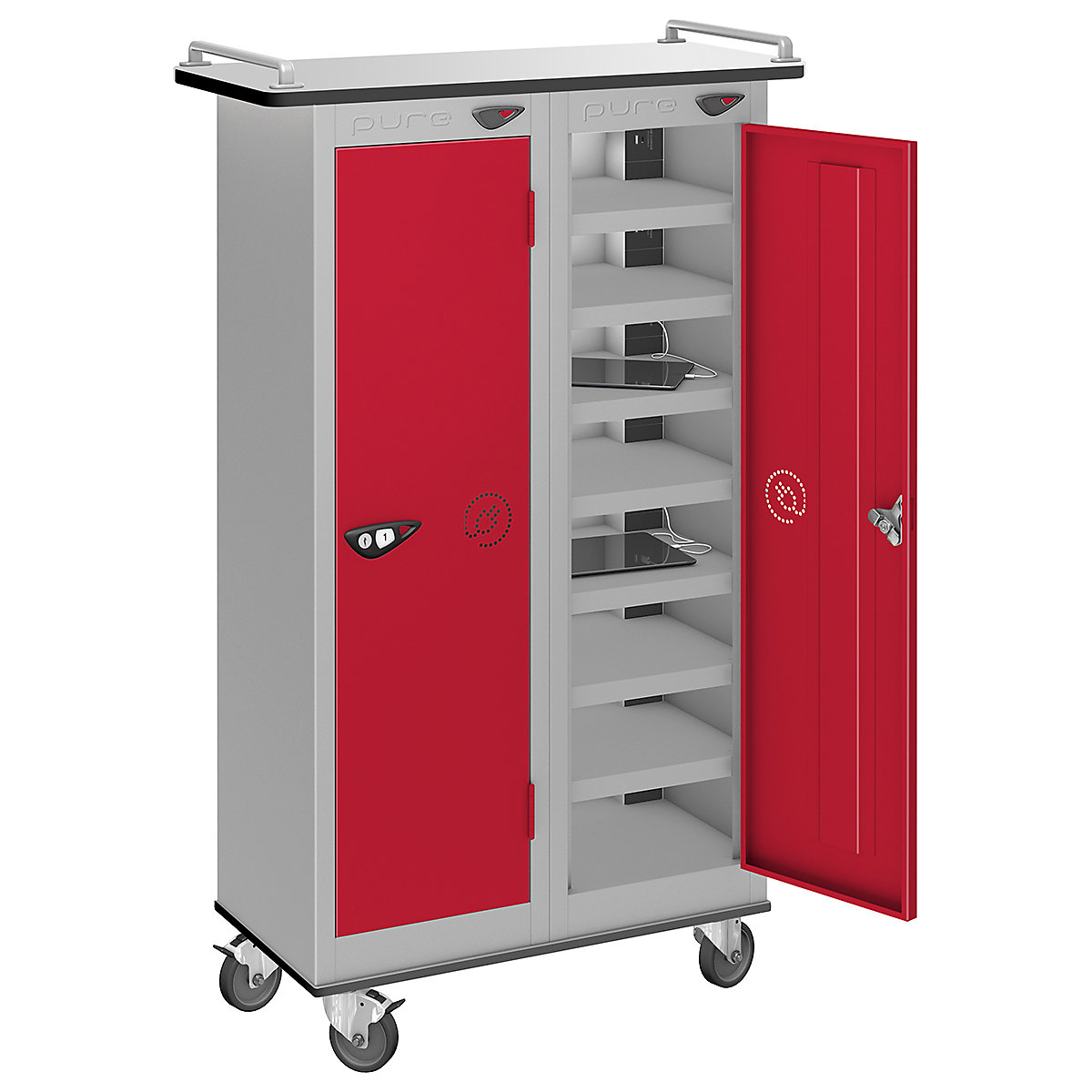 Pure Power Tablet Charging Trolleys, Pure Power Tablet Charging Trolleys, Pure Power Tablet Storage Trolley | 16 Compartment | Storage Only | 1000h x 600w x 300d mm | Cam Lock | Flame Red Door-3