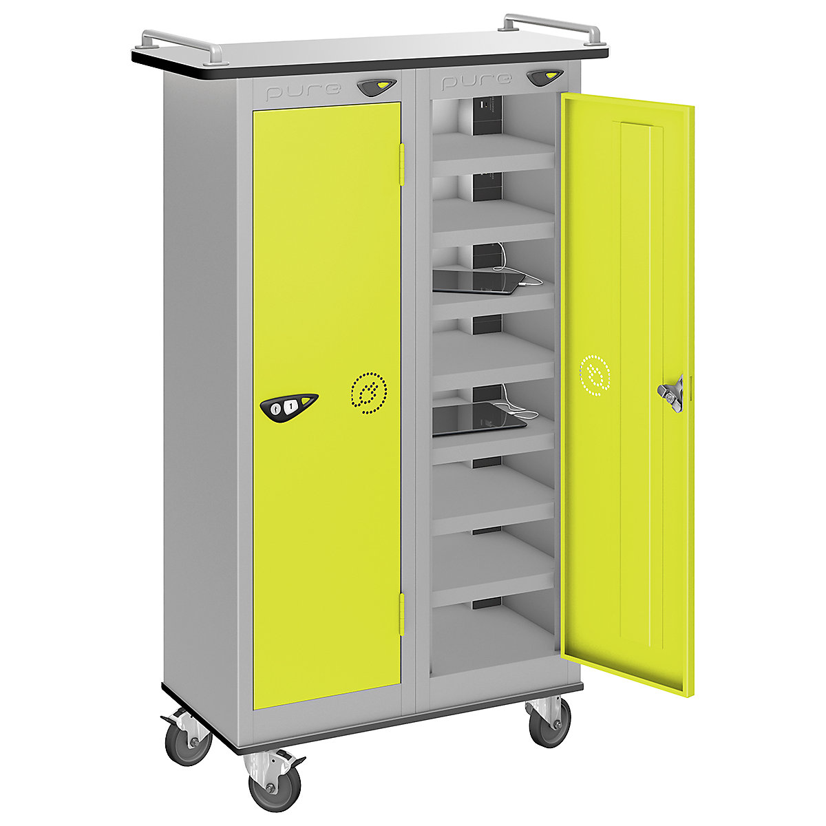 Pure Power Tablet Charging Trolleys, Pure Power Tablet Charging Trolleys, Pure Power Tablet Charging Trolley | 16 Compartment | Dual USBa & USBc Port | 1000h x 600w x 300d mm | Cam Lock | Lime Light Door-1