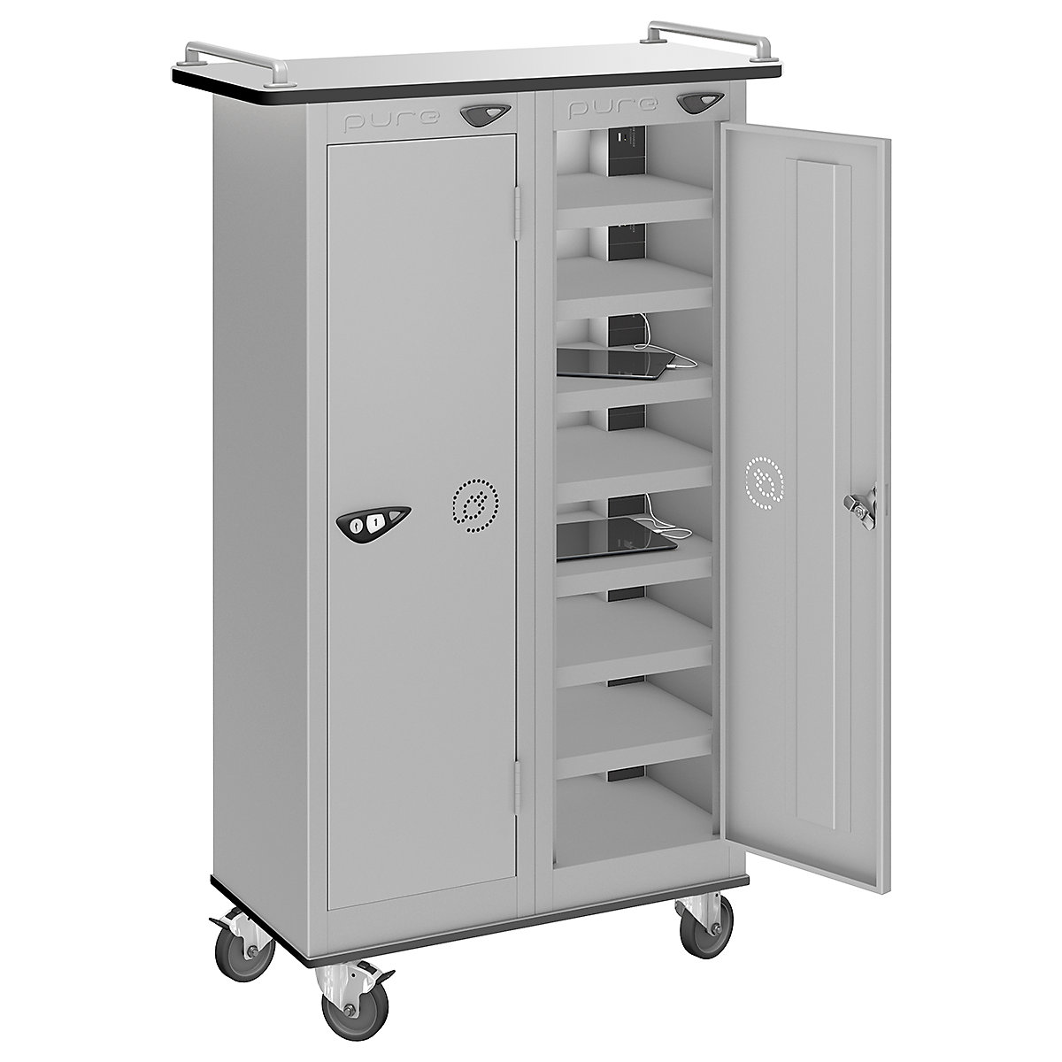 Pure Power Tablet Charging Trolleys, Pure Power Tablet Charging Trolleys, Pure Power Tablet Storage Trolley | 16 Compartment | Storage Only | 1000h x 600w x 300d mm | Mechanical Combination Lock | Pearl Silver Door-4