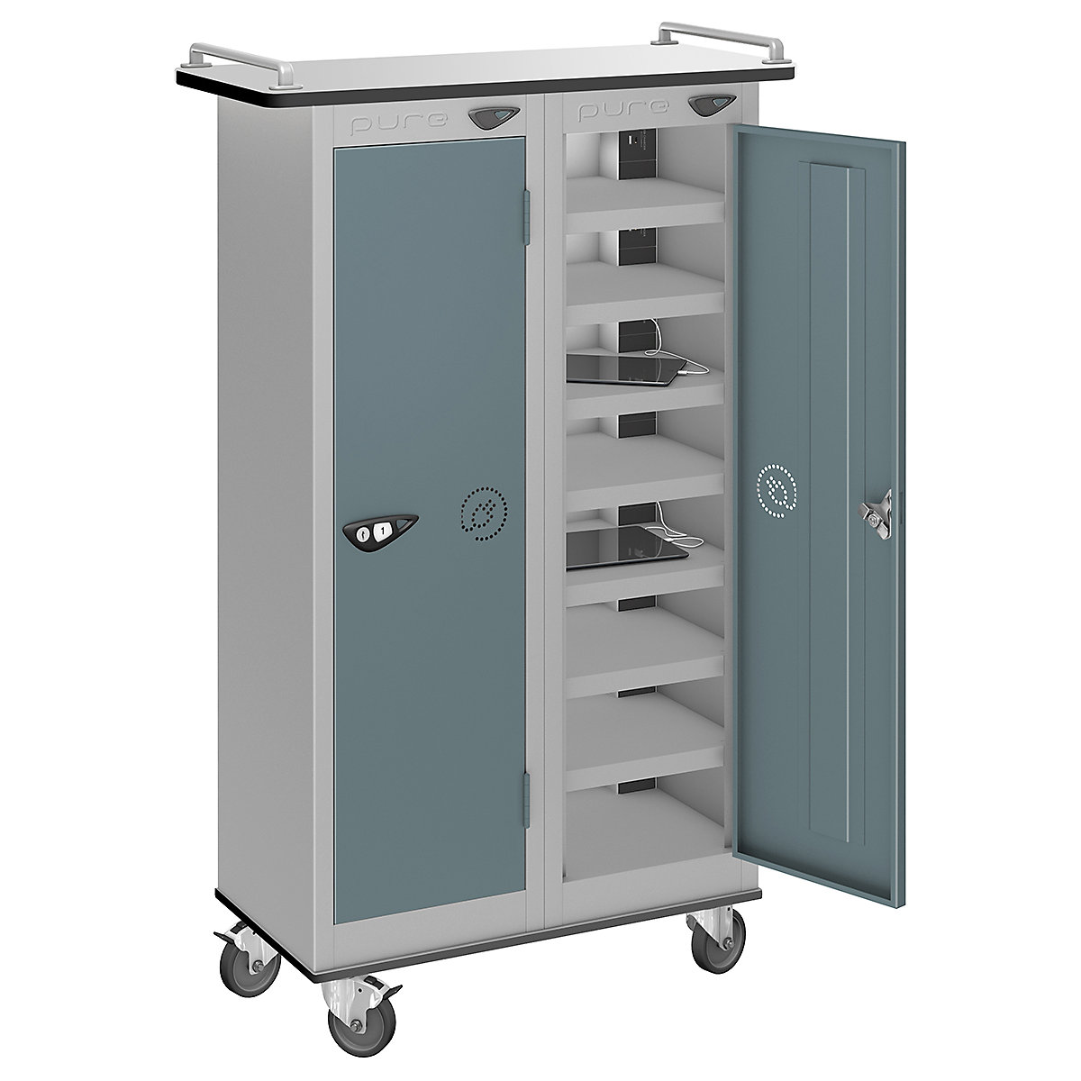 Pure Power Tablet Charging Trolleys, Pure Power Tablet Charging Trolleys, Pure Power Tablet Charging Trolley | 16 Compartment | Standard UK 3-Pin Plug | 1000h x 600w x 300d mm | Cam Lock | Slate Grey Door-5