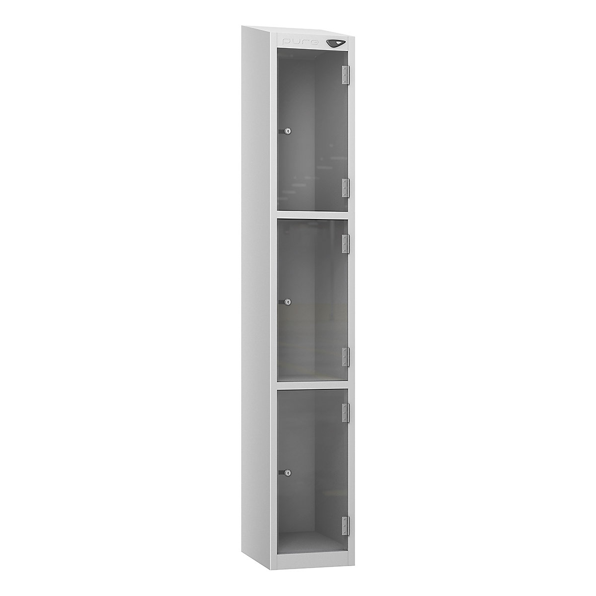 Pure Crystal Clear View Locker | Pearl Silver Carcass | Clear Door, Pure Crystal Clear View Locker | Pearl Silver Carcass | Clear Door, Pure Crystal Clear View Sloping Top Locker | 1800h x 300w x 380d mm | 3 Door | Hasp & Staple Lock | Pearl Silver Carcass | Clear Door-3