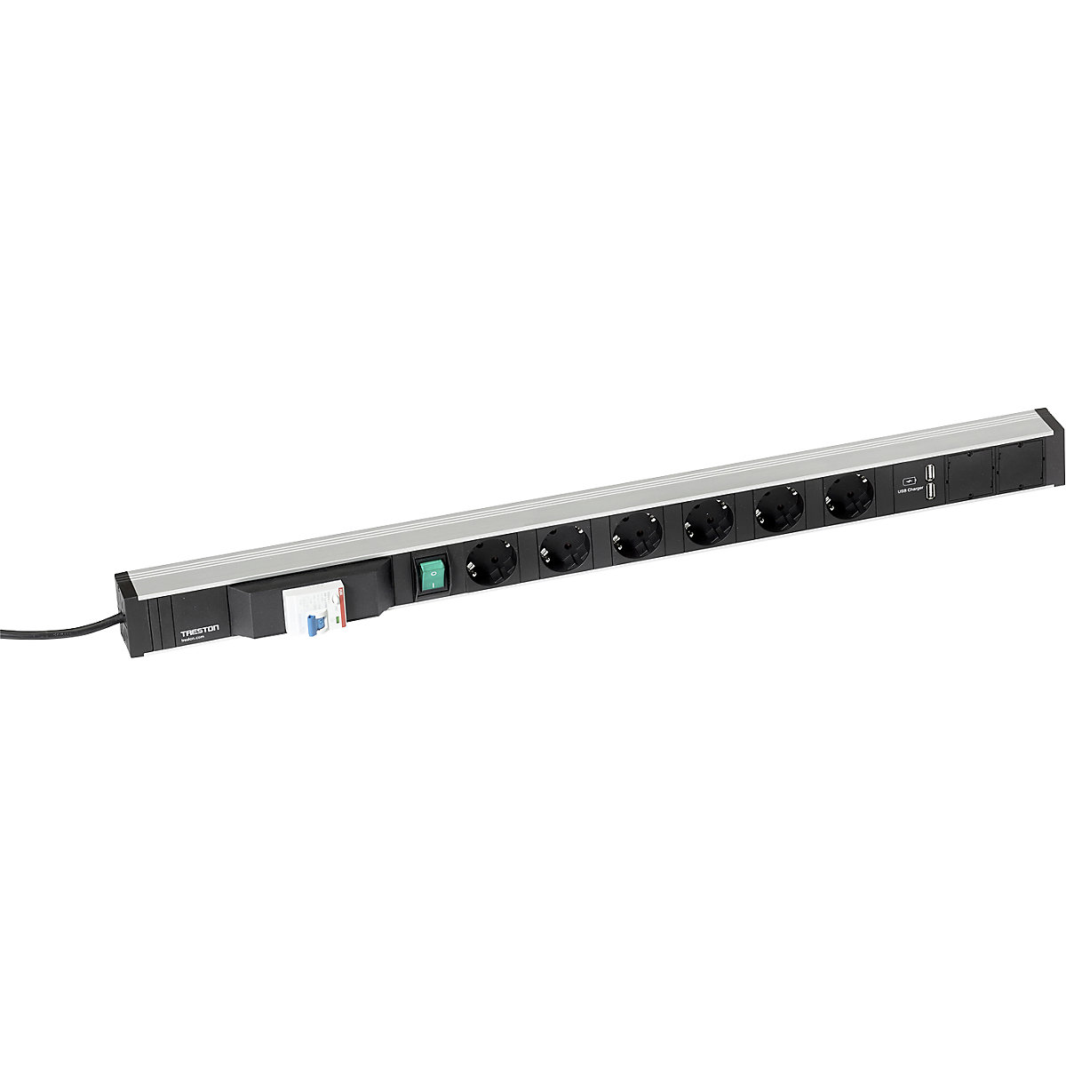 Treston – Elosztó munkaasztalokhoz, 6 aljzat, 2 db USB, áram-védőkapcsoló, 836 mm-es hossz