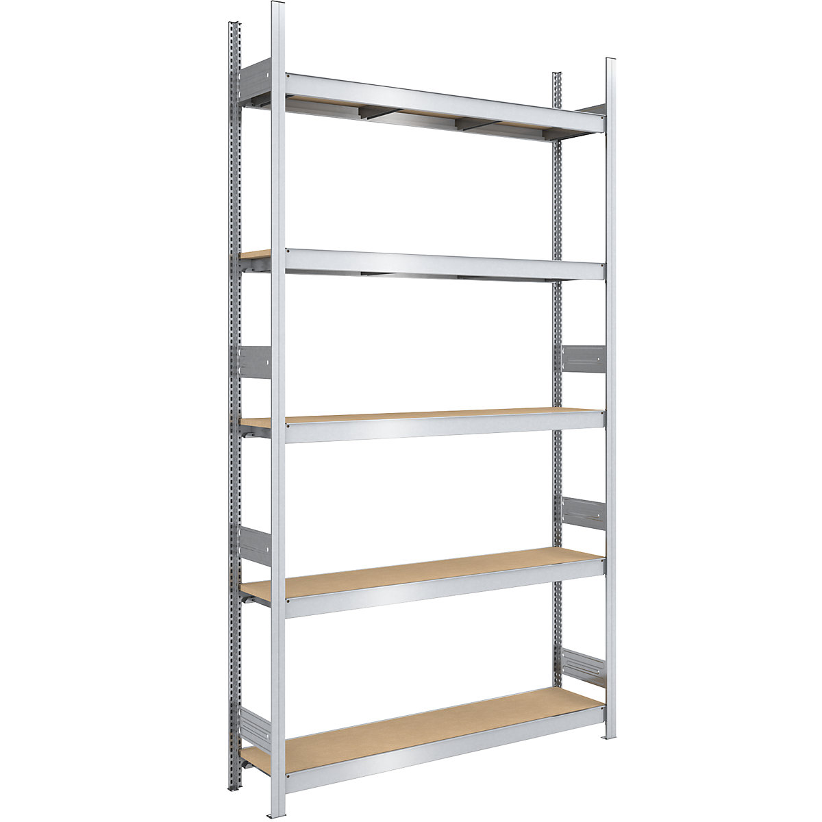 Scaffale a innesto con ripiani lunghi in pannelli di truciolato – hofe