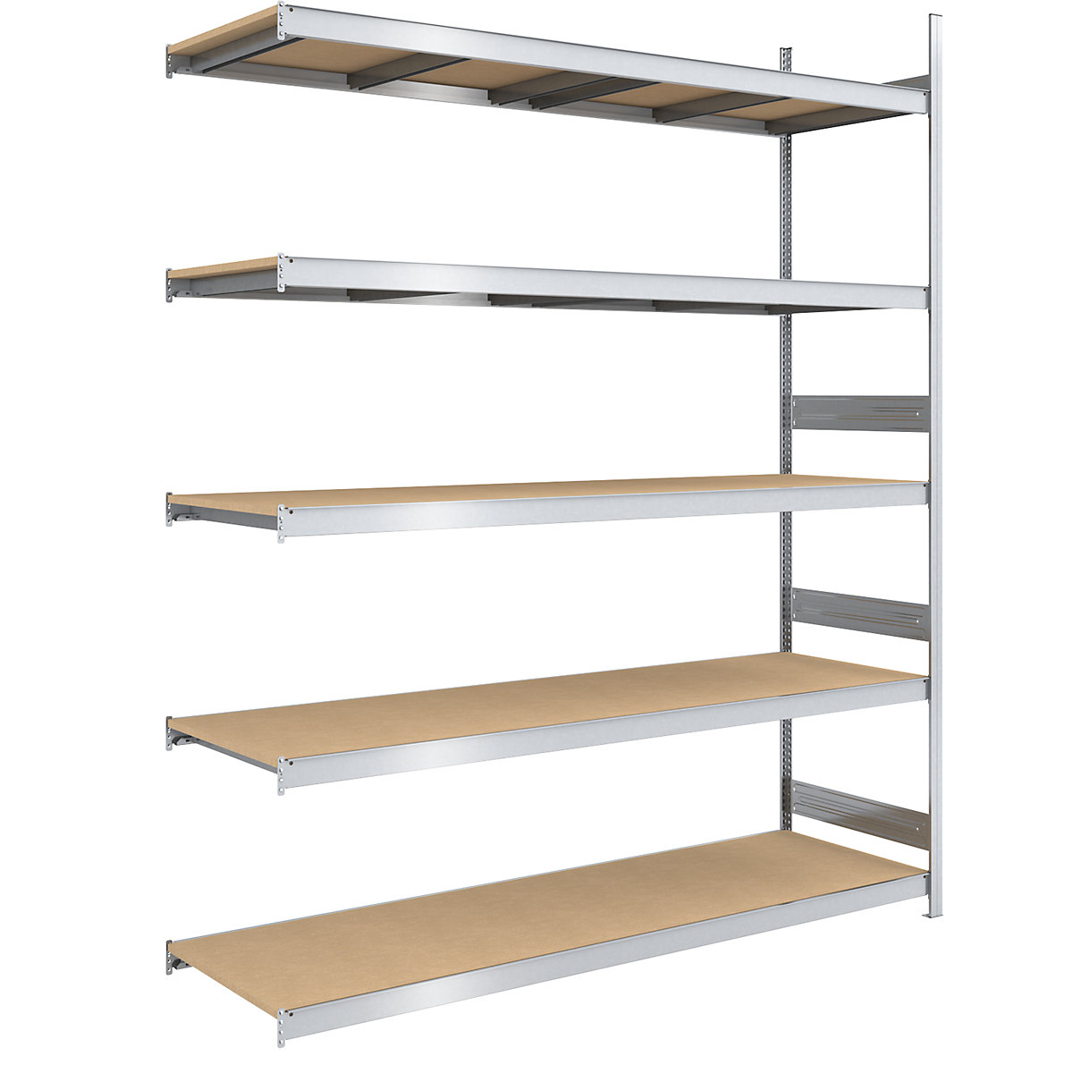 Scaffale a innesto con ripiani lunghi in pannelli di truciolato – hofe