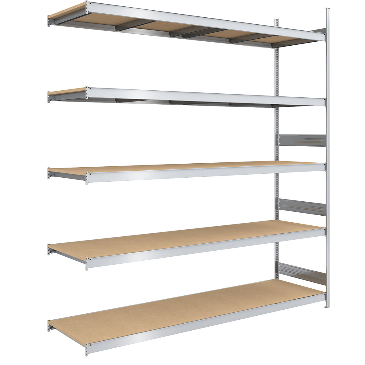 Scaffale a innesto con ripiani lunghi in pannelli di truciolato – hofe