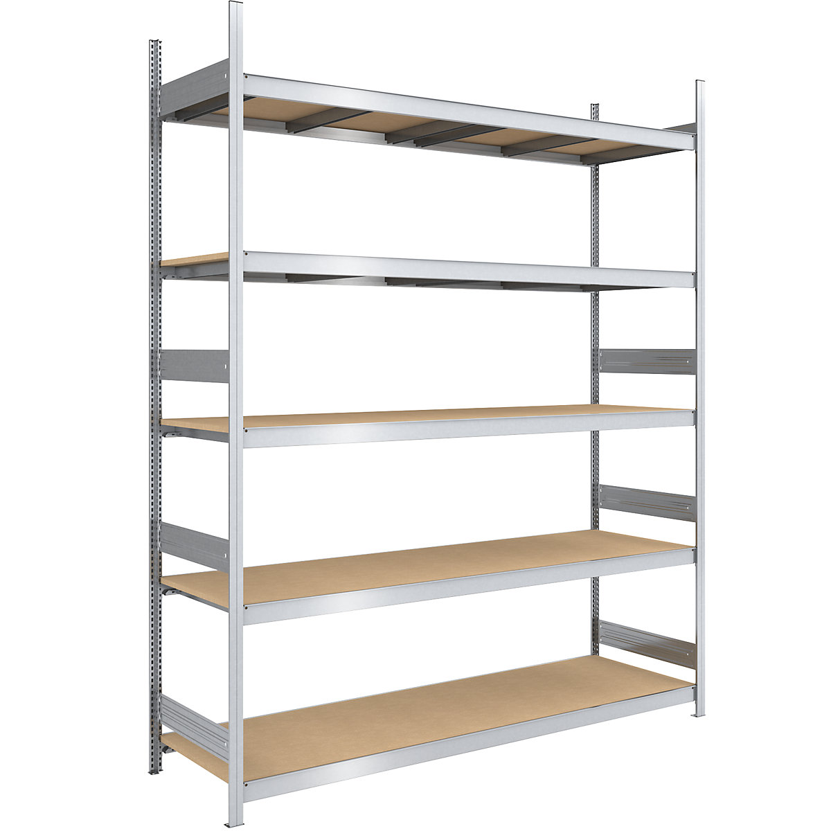 Scaffale a innesto con ripiani lunghi in pannelli di truciolato – hofe