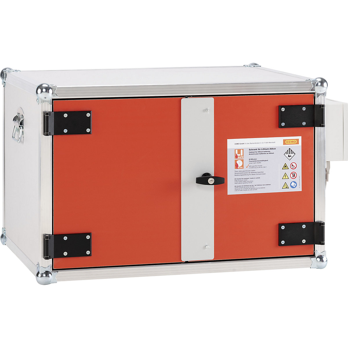Bezpečnostná skriňa na nabíjanie akumulátorov FWF 60 – CEMO, PREMIUM PLUS, š x h x v 890 x 660 x 520 mm, oranžová / šedá