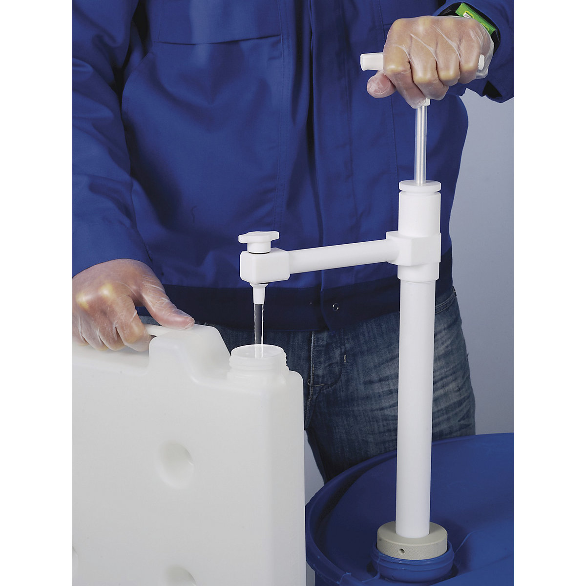 Pompă manuală din PTFE, pentru butoi, cu cot de scurgere, adâncime de imersie 950 mm, 400 ml/cursă
