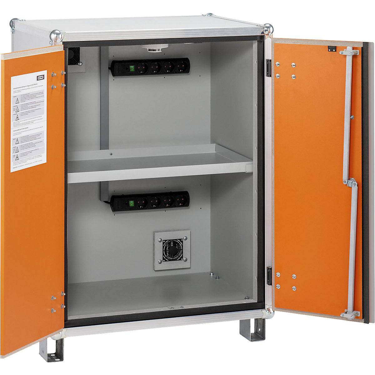 Armoire de sécurité pour le chargement d'accumulateurs PREMIUM – CEMO, avec pieds, hauteur 1110 mm, 400 V, orange/gris-1