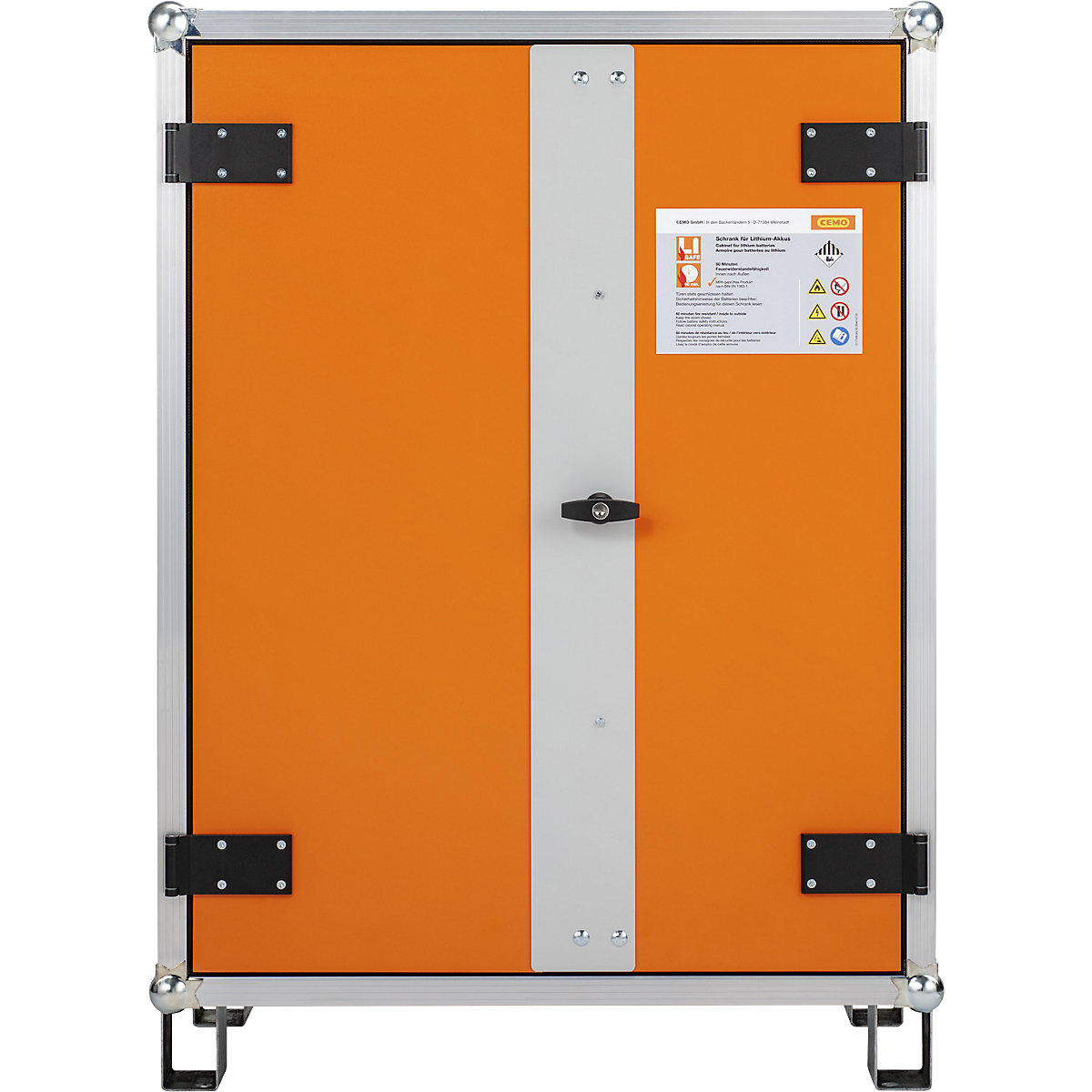 Armoire de sécurité pour le chargement d'accumulateurs pour systèmes d'alarme incendie – CEMO, l x p x h 830 x 660 x 1110 mm, 230 V, orange/gris-1
