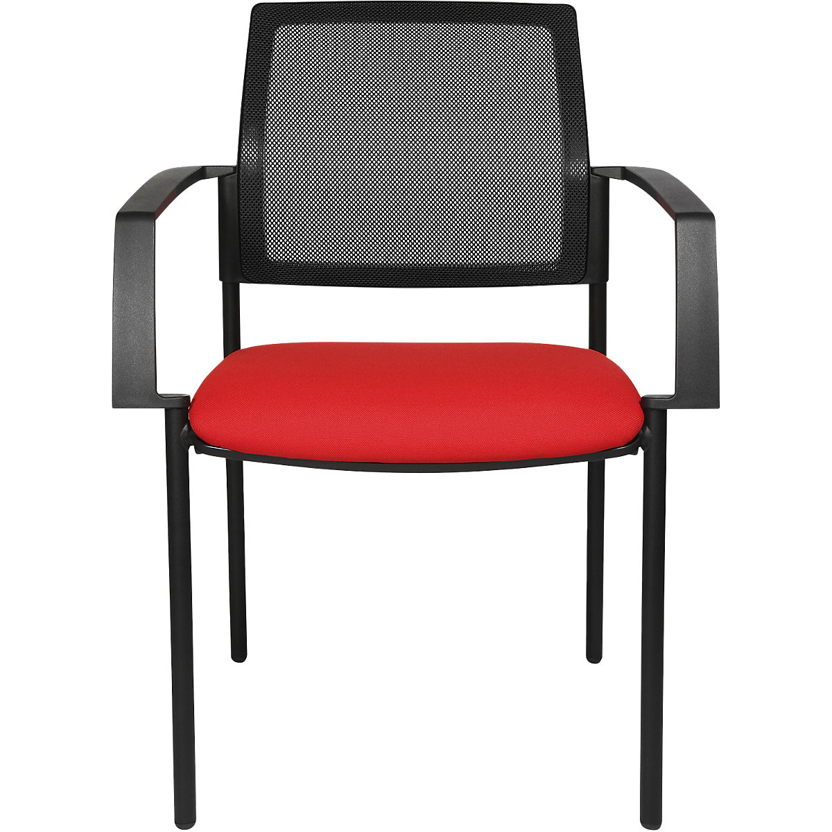 Krzesło do ustawiania w stos z oparciem z siateczki – Topstar, 4 nogi, opak. 2 szt., siedzisko czerwone, szkielet czarny-7