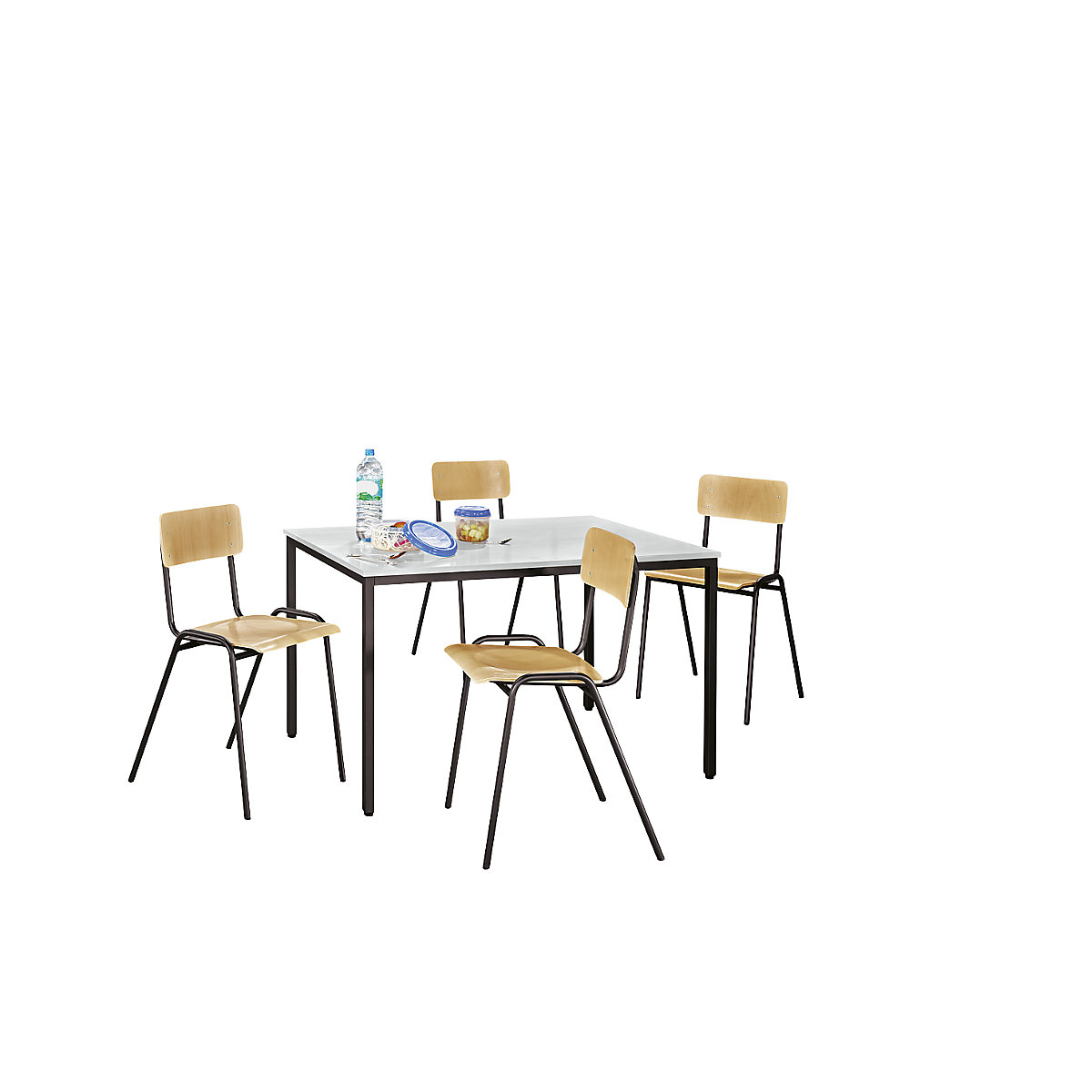 EUROKRAFTbasic – Uniwersalny zestaw mebli do siedzenia, 1 stół, 4 krzesła, blat jasnoszary, szkielet szarobrązowy