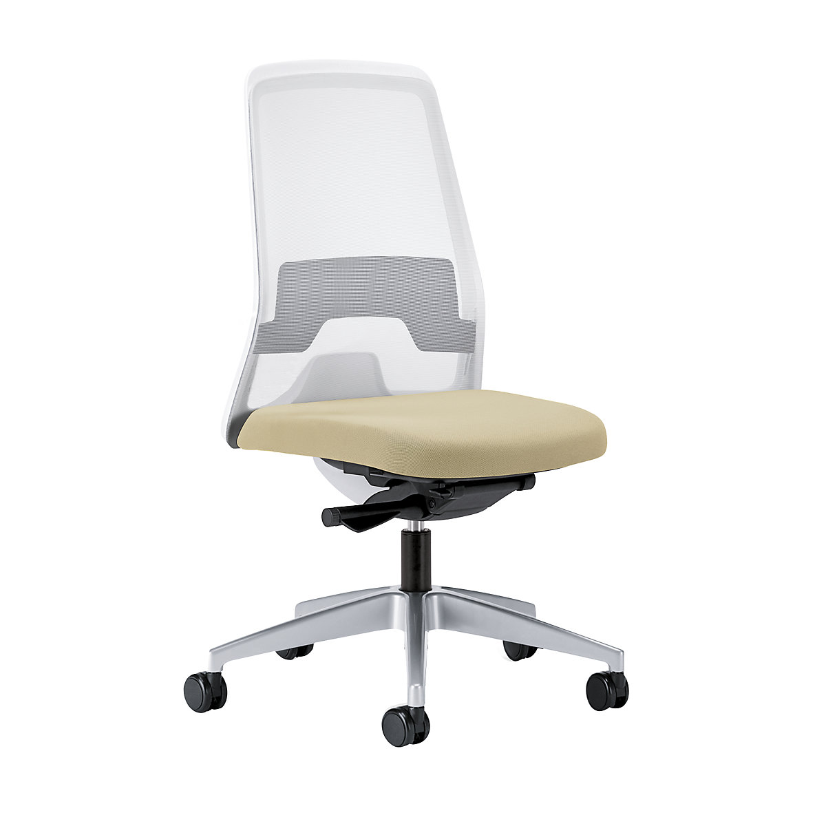 Krzesło obrotowe dla operatora EVERY, oparcie siatkowe, białe – interstuhl, szkielet brylantowo-srebrny, z twardymi rolkami, beżowy, głęb. siedziska 430 mm-6