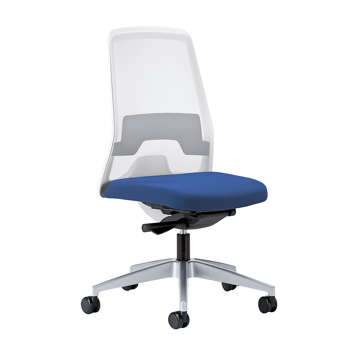 Krzesło obrotowe dla operatora EVERY, oparcie siatkowe, białe – interstuhl, szkielet brylantowo-srebrny, z twardymi rolkami, niebieski gencjanowy, głęb. siedziska 430 mm-7