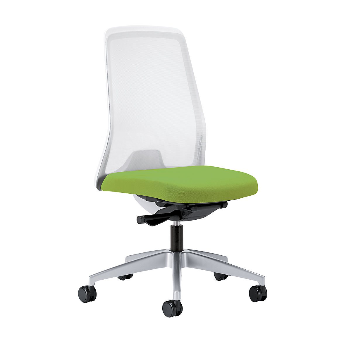 Krzesło obrotowe dla operatora EVERY, oparcie siatkowe, białe – interstuhl, szkielet brylantowo-srebrny, z miękkimi rolkami, żółto-zielony, głęb. siedziska 430 mm-6