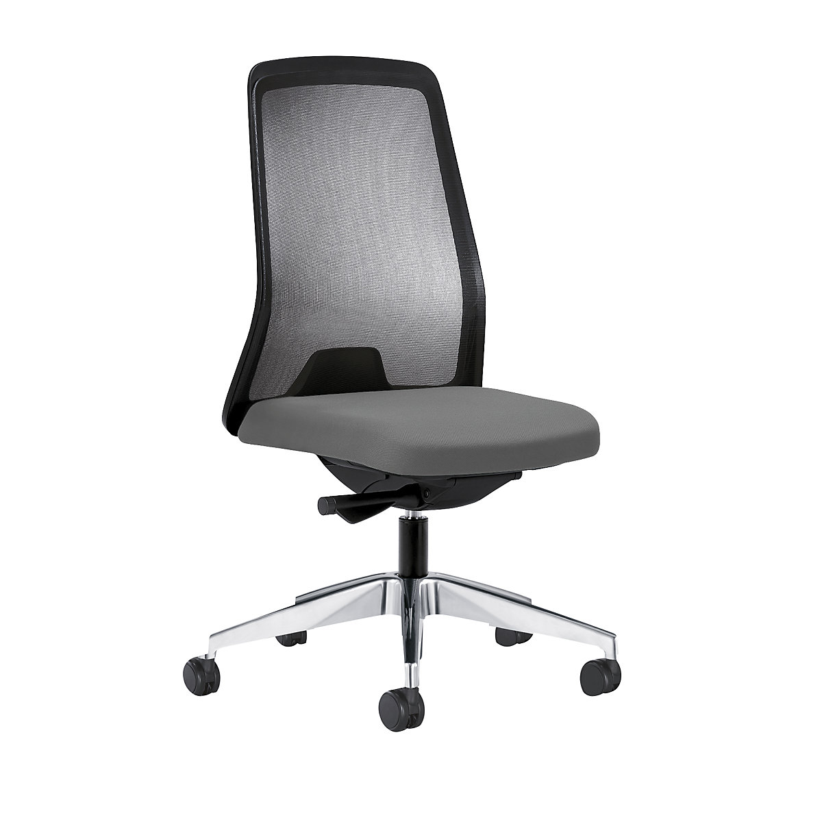 Krzesło obrotowe dla operatora EVERY, oparcie siatkowe, czarne – interstuhl, szkielet polerowany, z twardymi rolkami, stalowo-szary, głęb. siedziska 430 mm-4