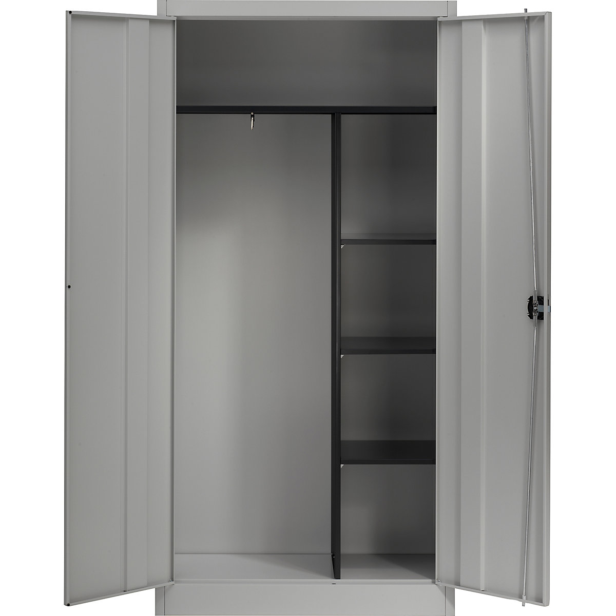 Szafa stalowa z drzwiami skrzydłowymi – mauser, 3 krótkie półki i garderoba, biały aluminium