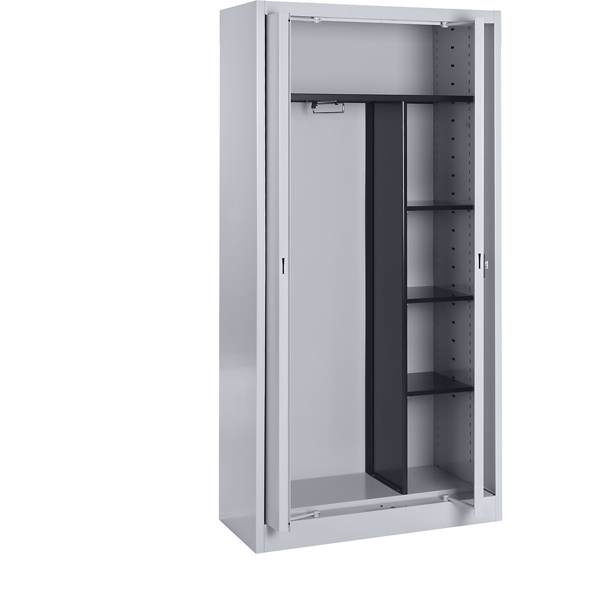 Szafa stalowa z drzwiami uchylnymi – mauser, garderoba, 3 krótkie półki, gł. 420 mm, biały aluminium