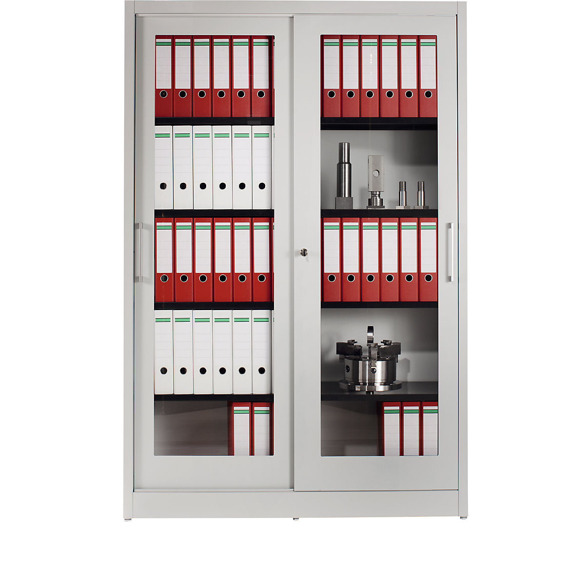 Szafa z drzwiami przesuwnymi – mauser, z frontem szklanym, 4 półki, wys. x szer. x głęb. 1965 x 1200 x 420 mm, jasnoszary