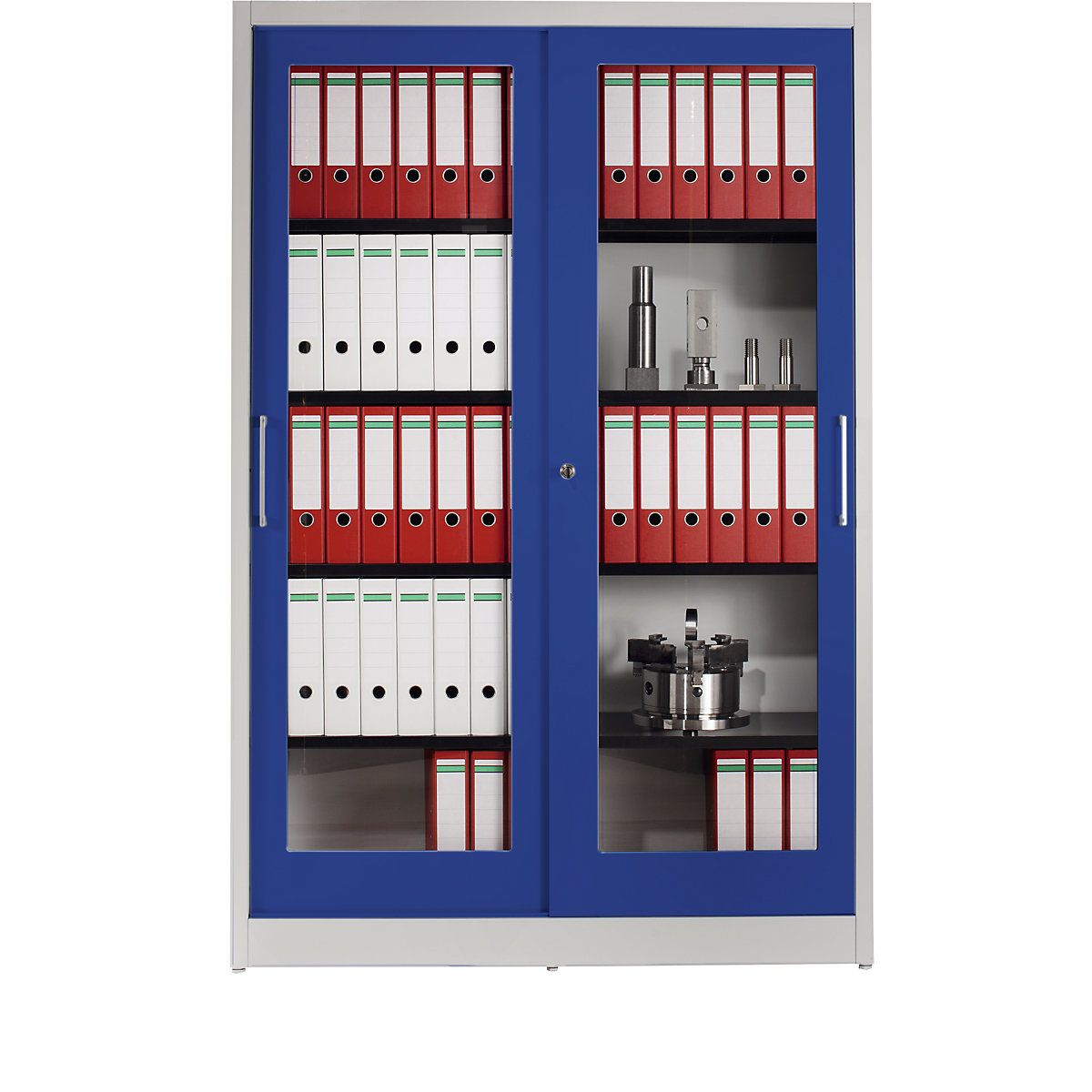 Szafa z drzwiami przesuwnymi – mauser, z frontem szklanym, 4 półki, wys. x szer. x głęb. 1965 x 1200 x 420 mm, jasnoszary / ultramaryna