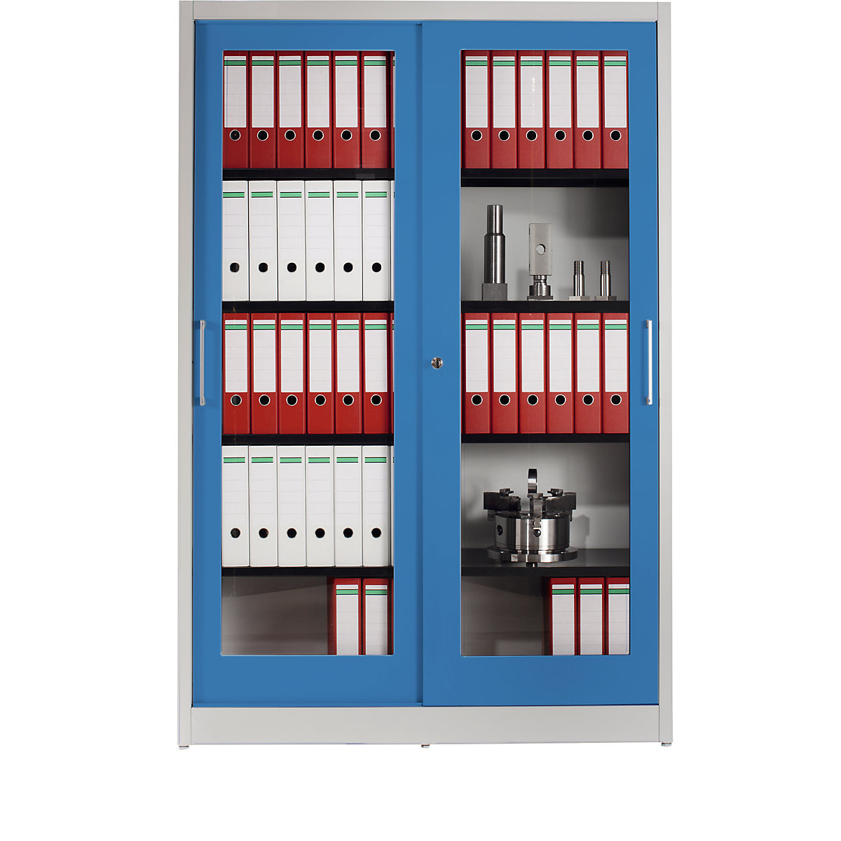 Szafa z drzwiami przesuwnymi – mauser, z frontem szklanym, 4 półki, wys. x szer. x głęb. 1965 x 1200 x 420 mm, jasnoszary / jasnoniebieski