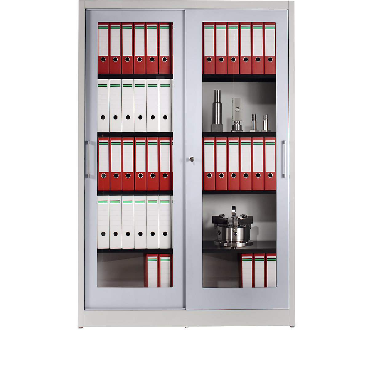 Szafa z drzwiami przesuwnymi – mauser, z frontem szklanym, 4 półki, wys. x szer. x głęb. 1965 x 1200 x 420 mm, jasnoszary / białe aluminium