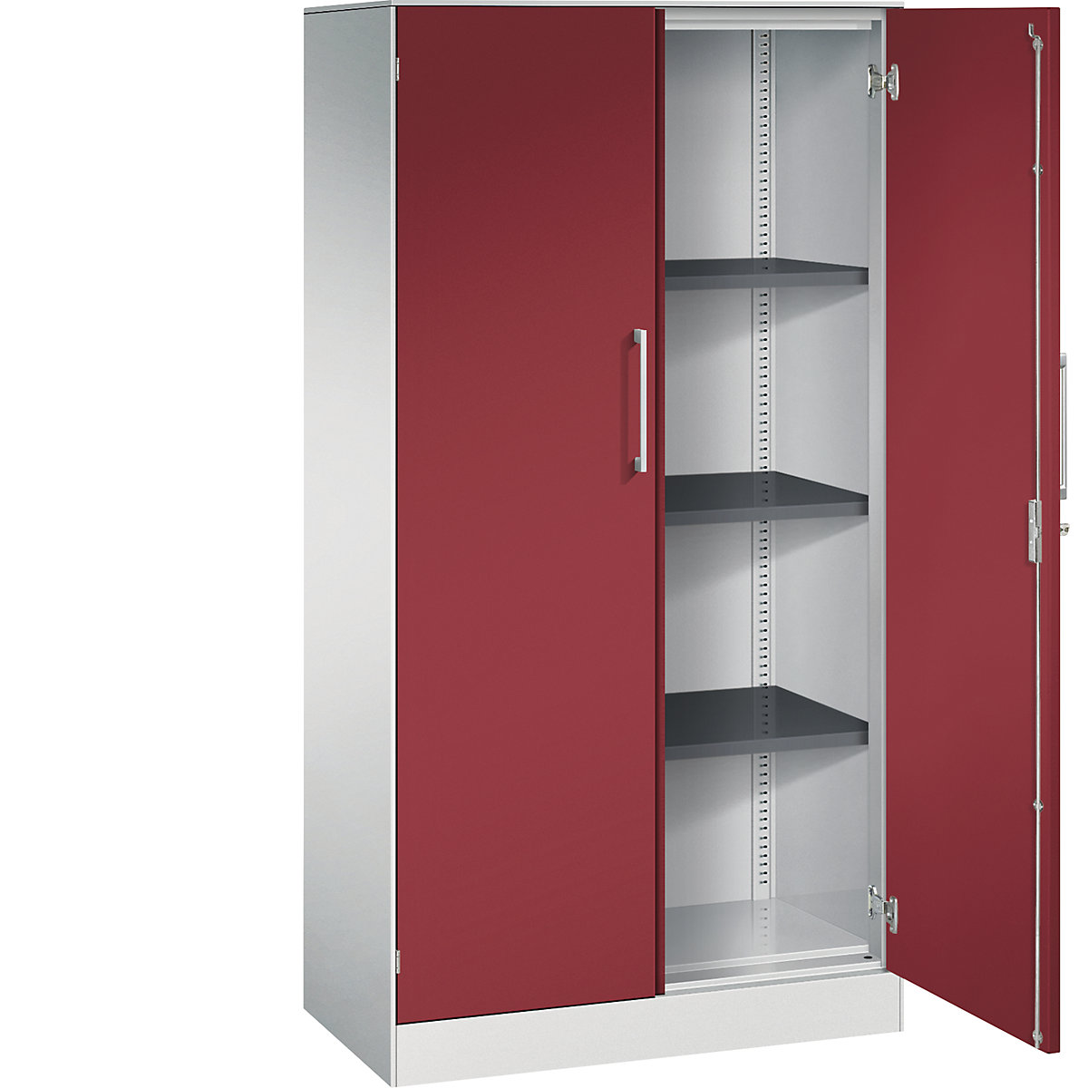Szafa z drzwiami skrzydłowymi ASISTO, wys. 1617 mm – C+P, szer. 800 mm, 3 półki, jasnoszary/rubinowo-czerwony